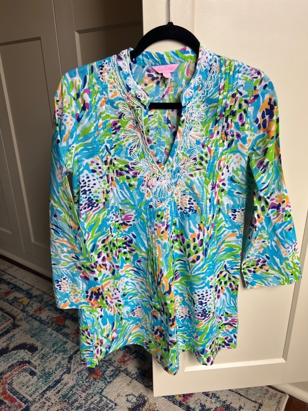 Lilly Pulitzer Sarasota Beaded Pintuck Tunic Top in Sea Soiree S
